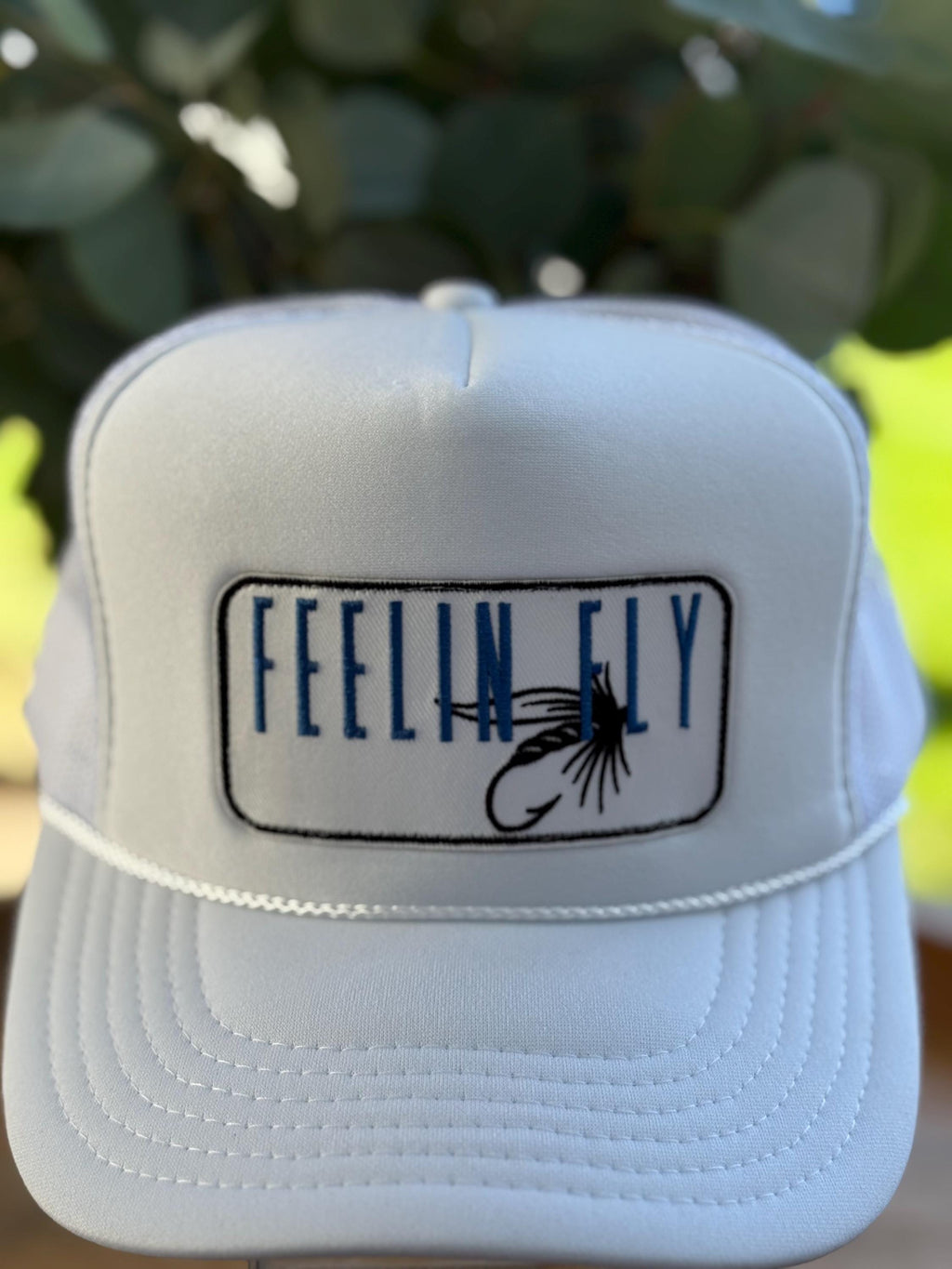 White Trucker Hat | Embroidered Fly Fishing Lure Patch, Outdoor Cap