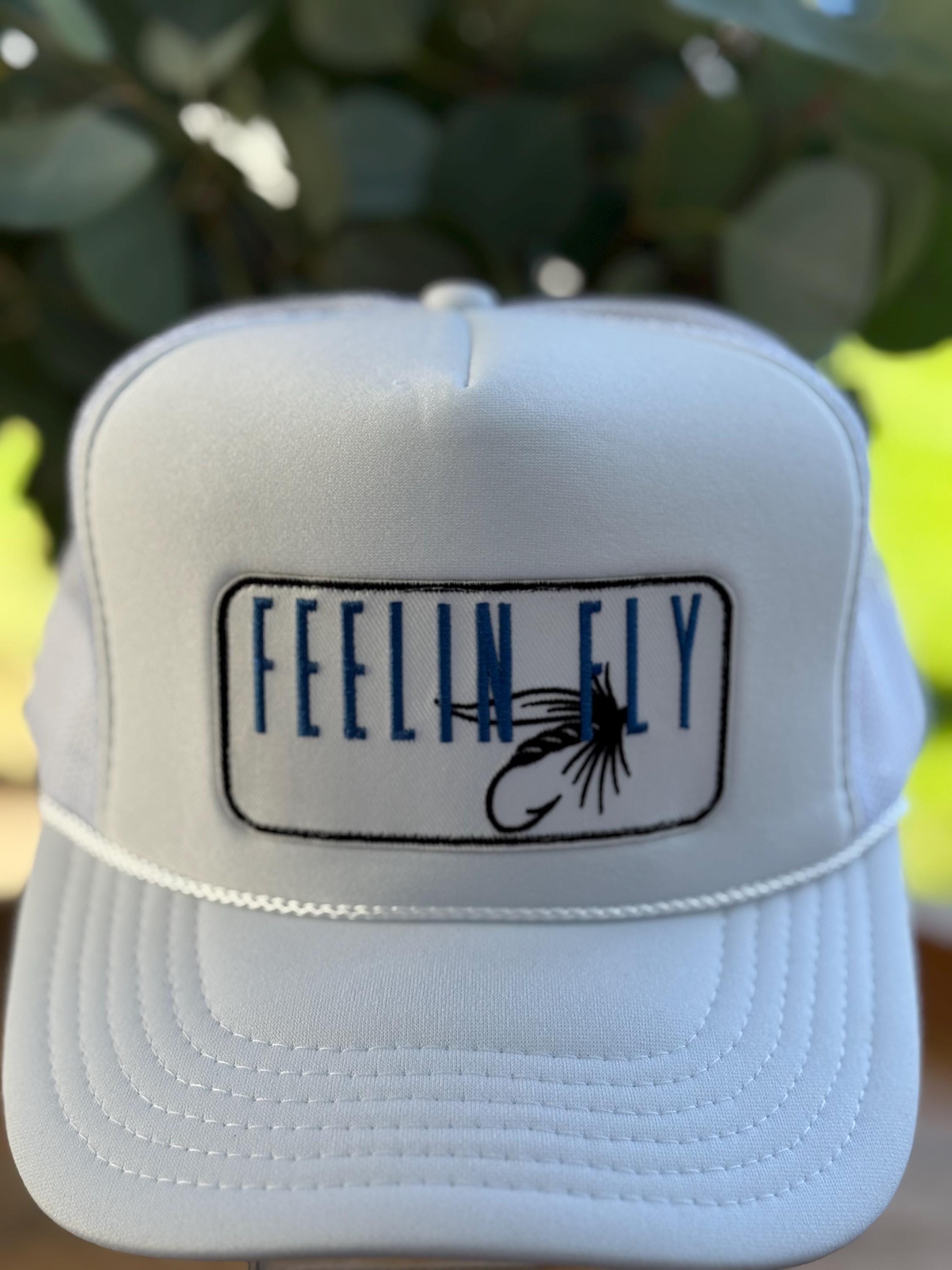 White Trucker Hat | Embroidered Fly Fishing Lure Patch, Outdoor Cap