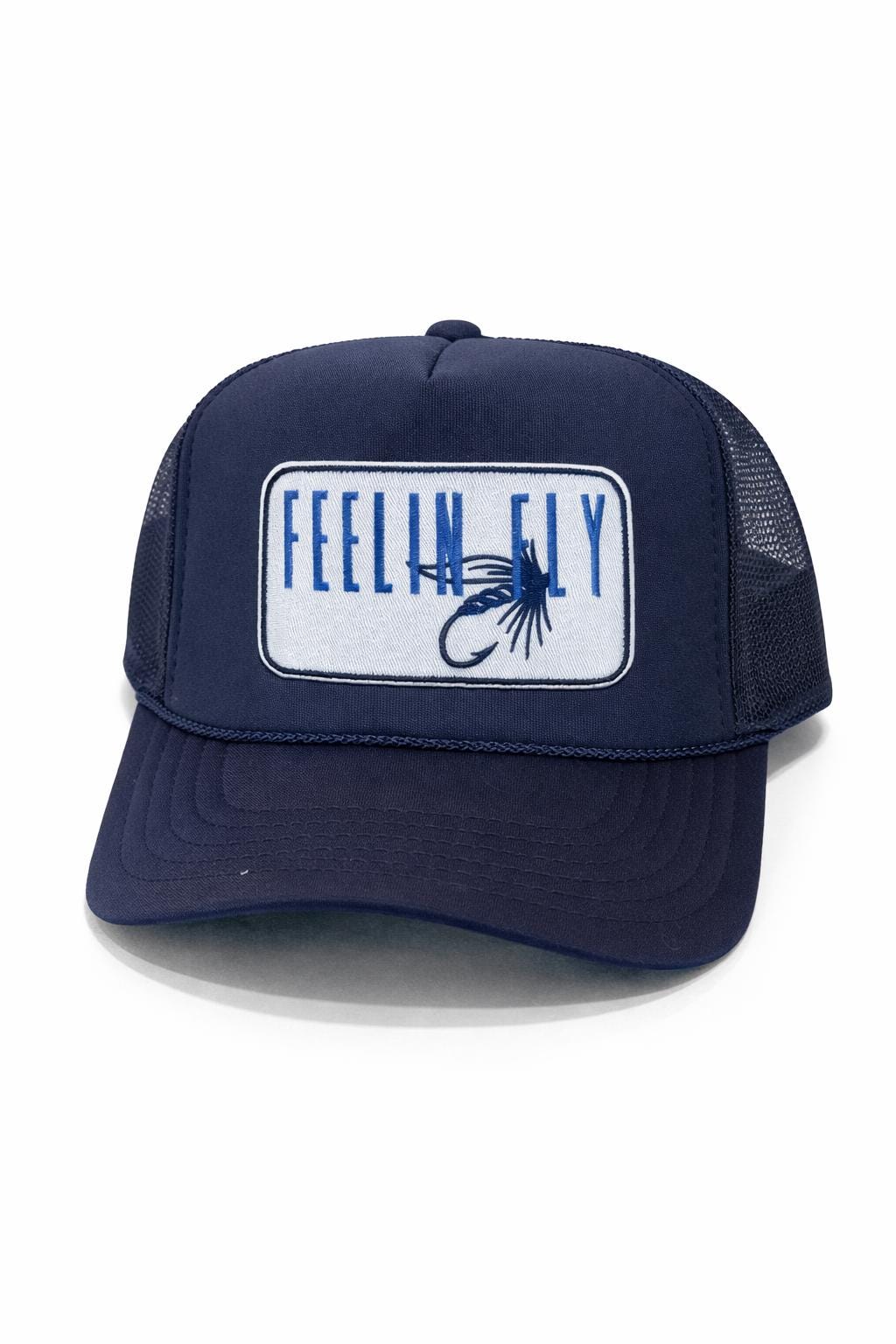 Feelin’ Fly Trucker Hat | Fishing Trucker Hat | Fly Fishing Hat | Navy Mesh Trucker Cap | Outdoor Fishing Gift | Unisex Hat