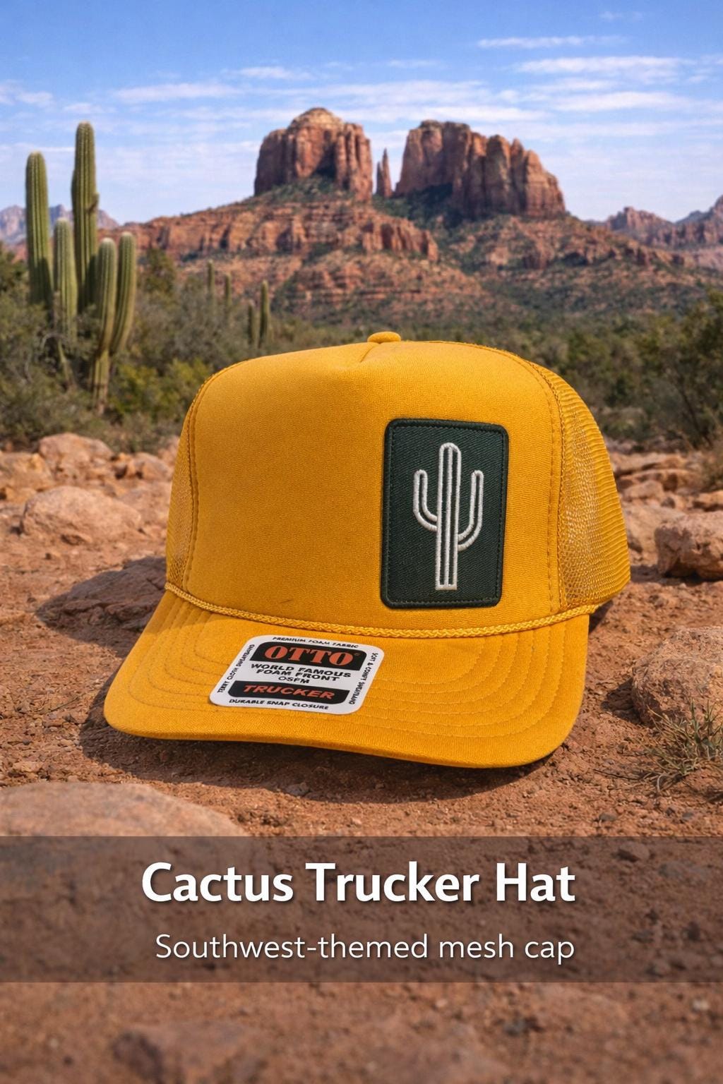 Mustard Yellow Cactus Trucker Hat | Embroidered Desert Western Cap
