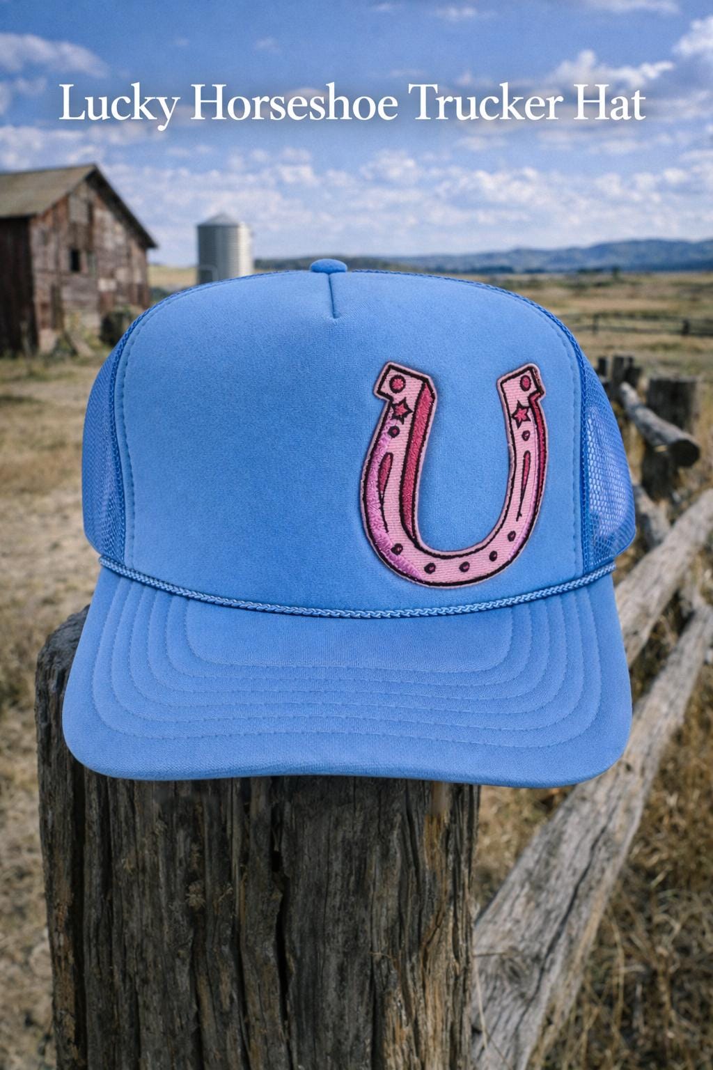 Light Blue Embroidered Horseshoe Trucker Hat – Western Cowgirl Snapback Style