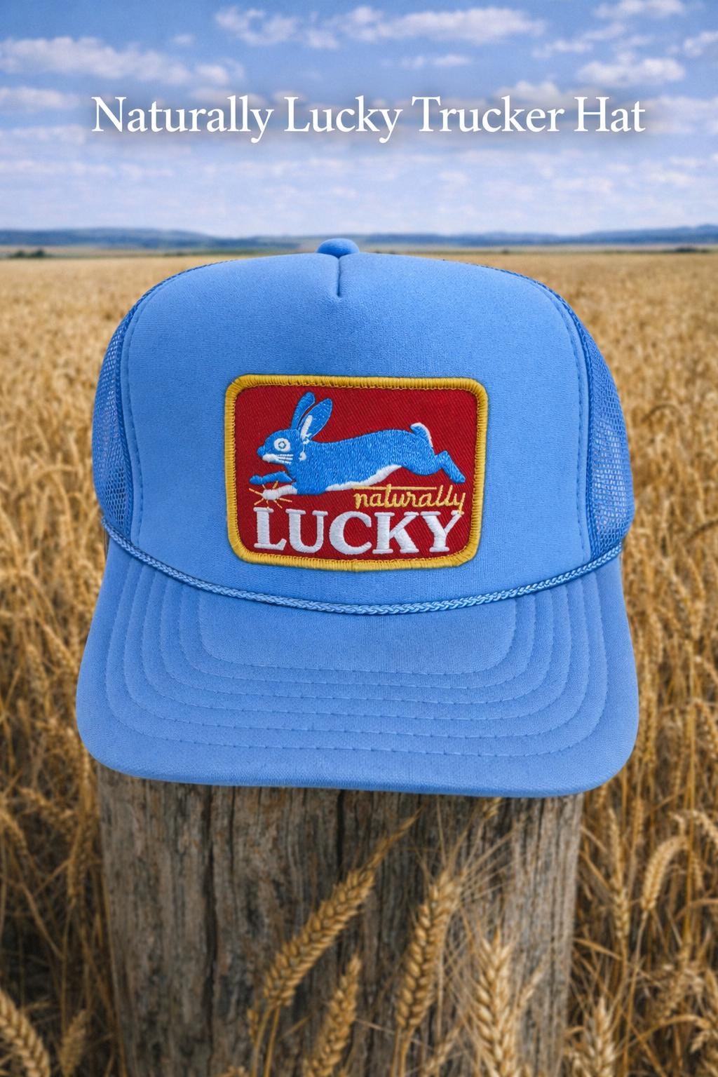 Naturally Lucky Trucker Hat – Light Blue Foam Mesh Hat, Lucky Rabbit Patch, Country Western Snapback