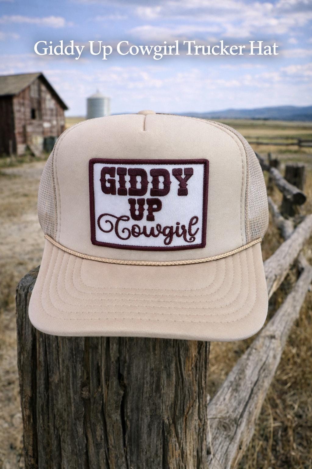 Giddy Up Cowgirl Trucker Hat – Beige Embroidered Western Snapback