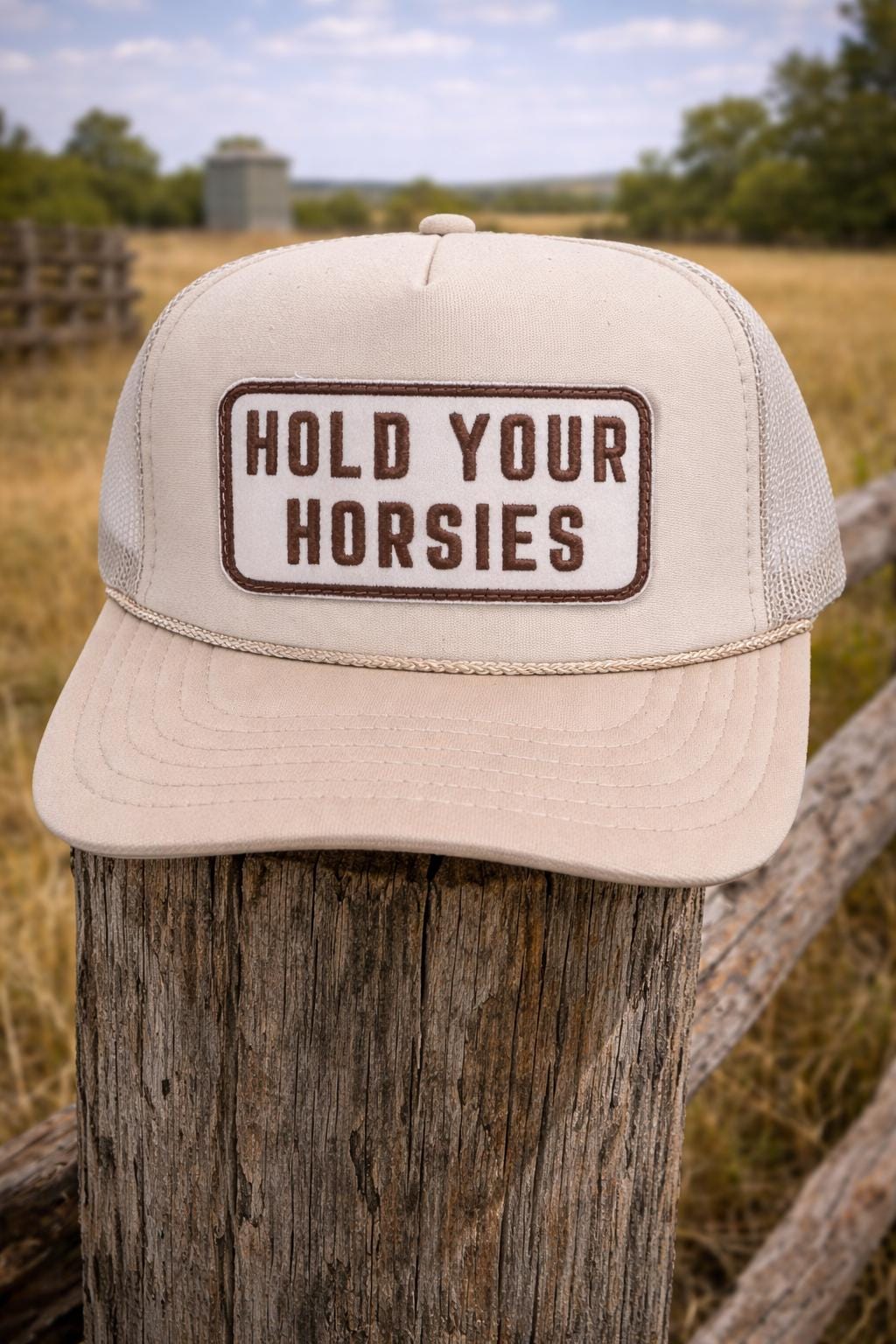 Hold Your Horsies Trucker Hat – Beige Foam Mesh Hat, Funny Cowgirl Snapback, Western Country Hat