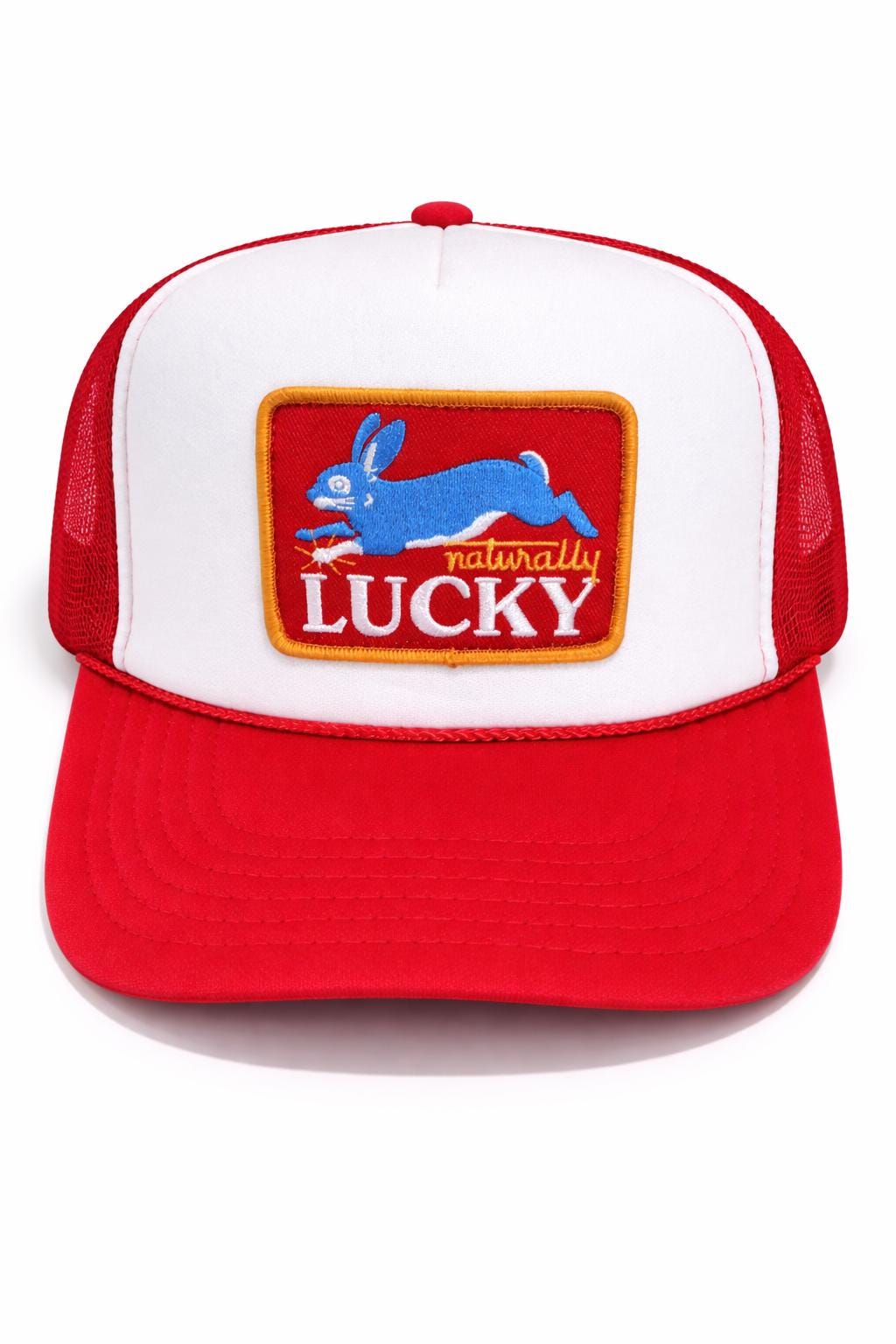 Naturally Lucky Trucker Hat – Red & White Foam Mesh Hat, Lucky Rabbit Patch, Vintage Americana Snapback