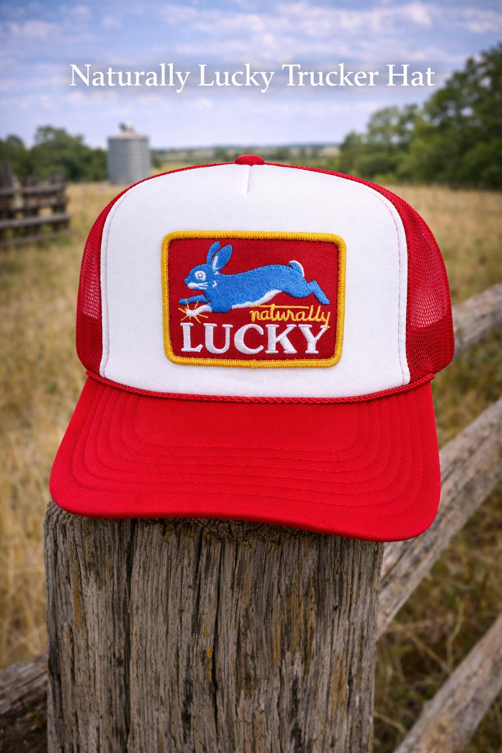Naturally Lucky Trucker Hat – Red & White Foam Mesh Hat, Lucky Rabbit Patch, Vintage Americana Snapback