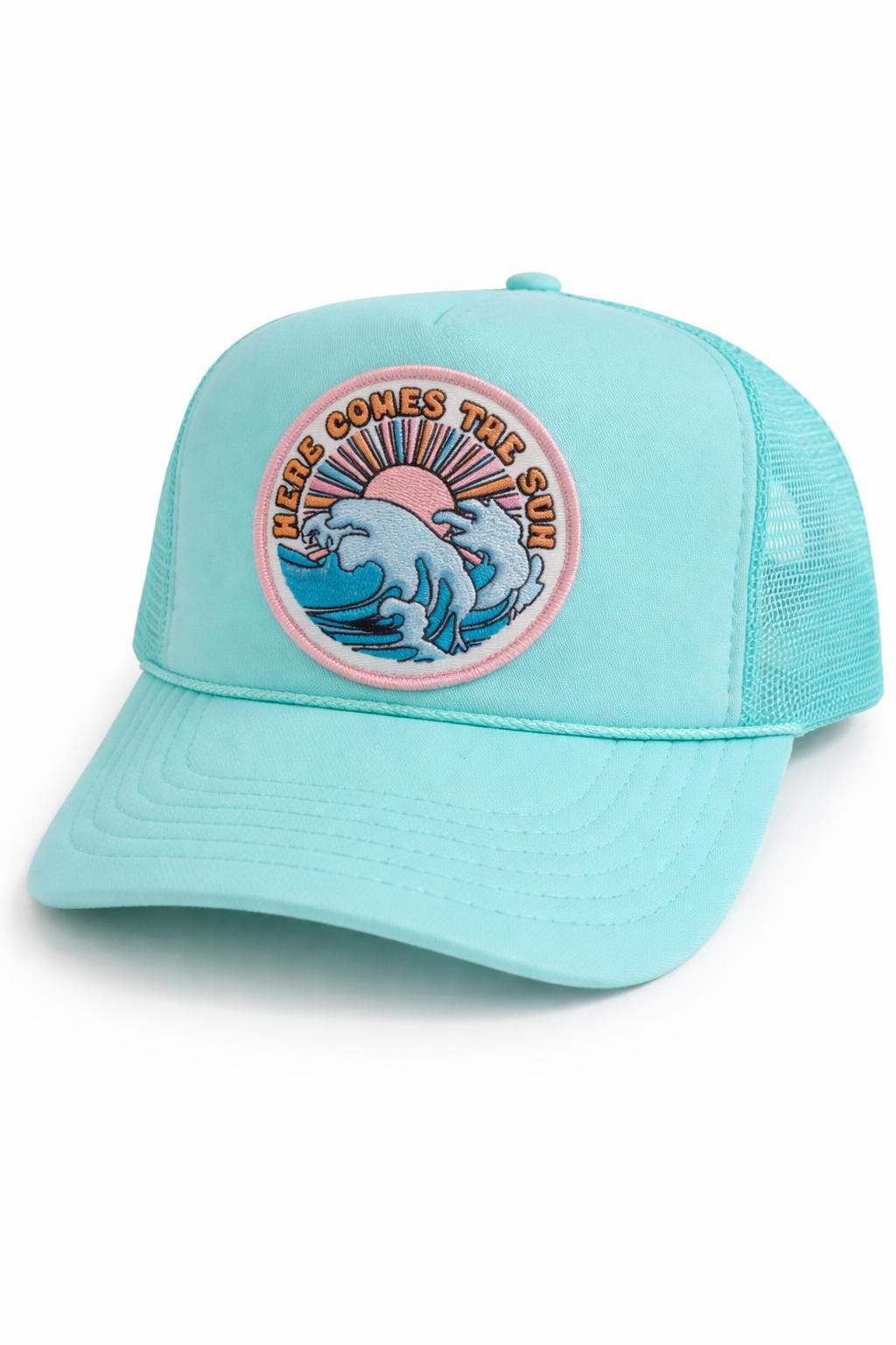Here Comes The Sun Trucker Hat | Turquoise Wave Patch, Coastal Summer Cap