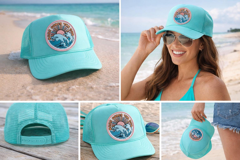 Here Comes The Sun Trucker Hat | Turquoise Wave Patch, Coastal Summer Cap