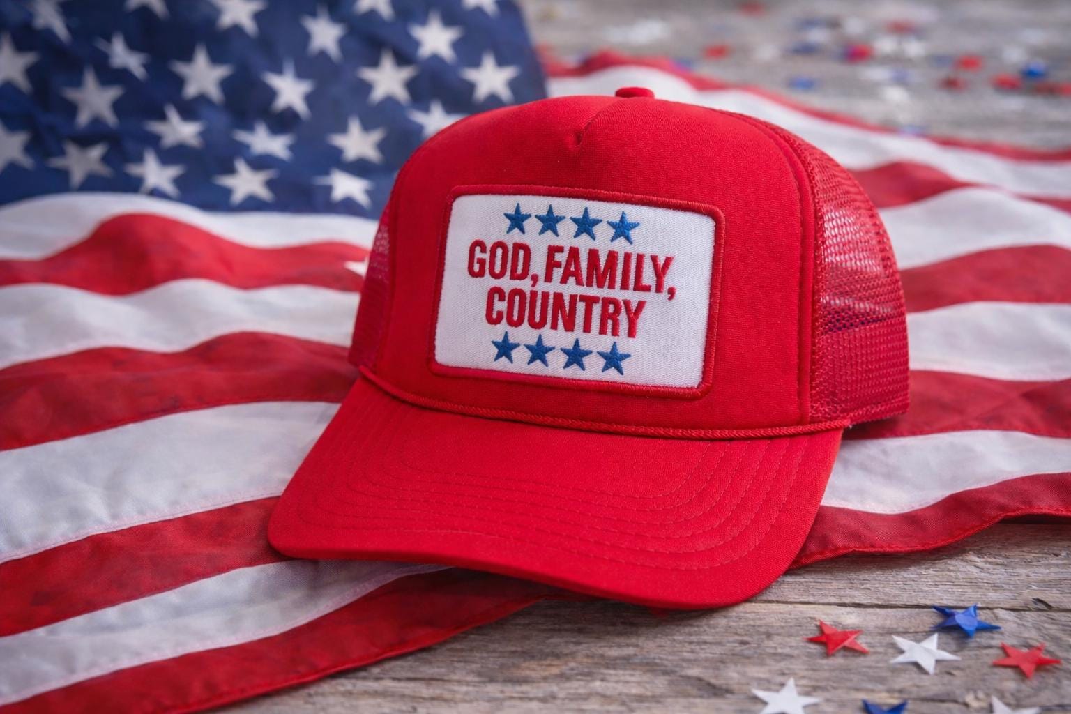 God Family Country Trucker | Patriotic Trucker Hat | American Pride Hat | Fourth of July Hat | USA Hat | Conservative Hat | Patriotic Cap