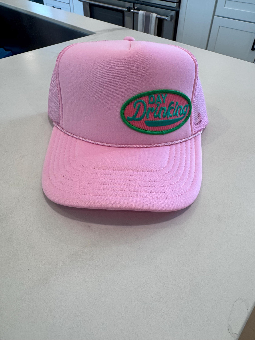 Pink Trucker Hat | Embroidered Day Drinking Patch, Girls Trip Accessory