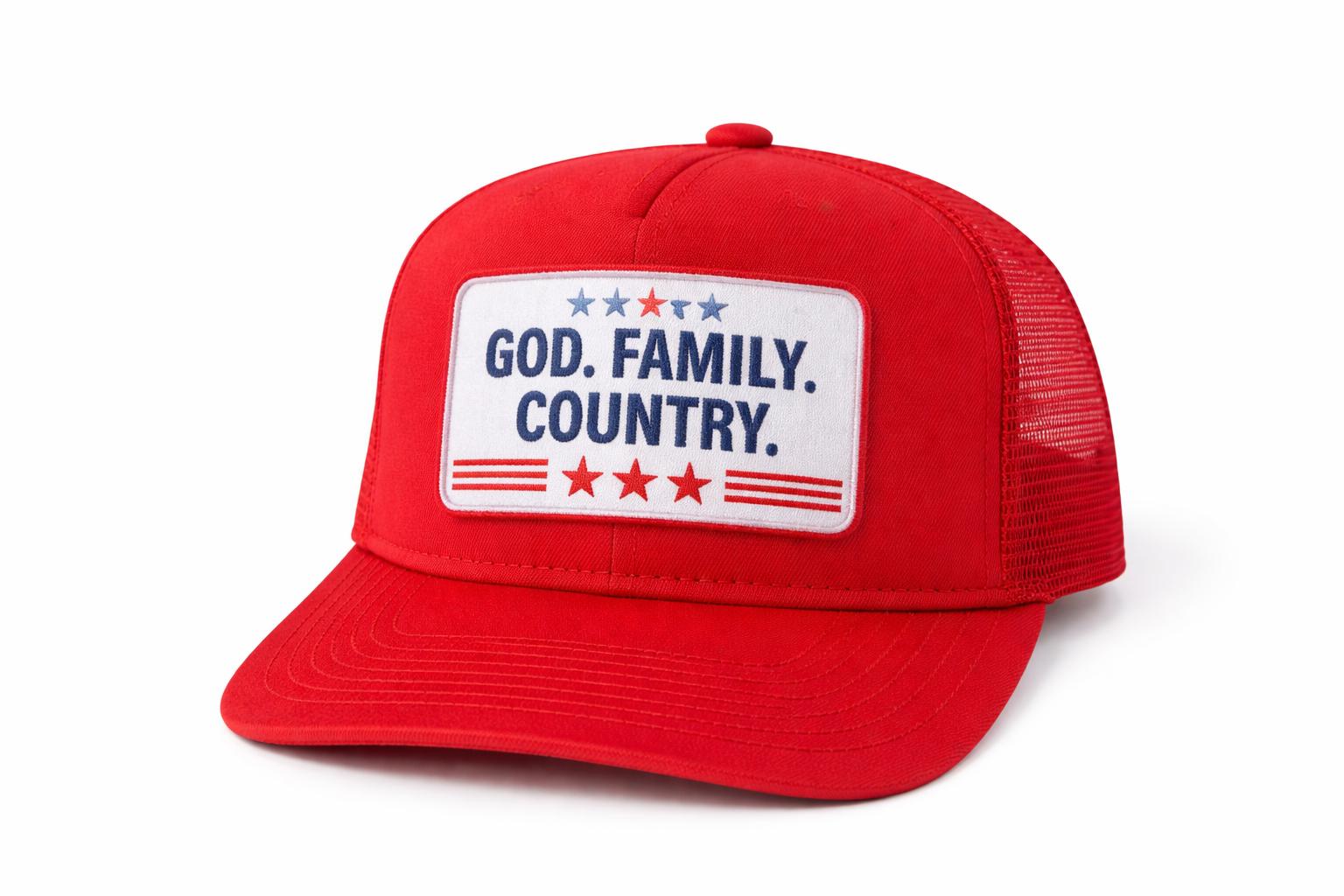 God Family Country Trucker | Patriotic Trucker Hat | American Pride Hat | Fourth of July Hat | USA Hat | Conservative Hat | Patriotic Cap