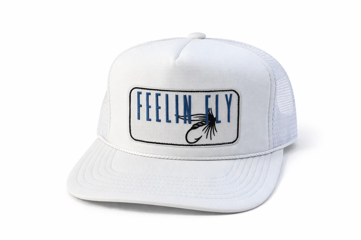White Trucker Hat | Embroidered Fly Fishing Lure Patch, Outdoor Cap