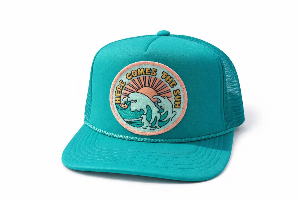 Retro Surf Trucker Hat | "Here Comes the Sun" Wave Patch Cap