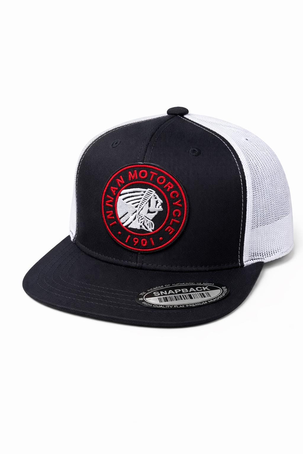 Indian Motorcycle Snapback Hat | Trucker Cap | Black & White Flat Bill | Embroidered Logo Patch | Adjustable Streetwear Hat
