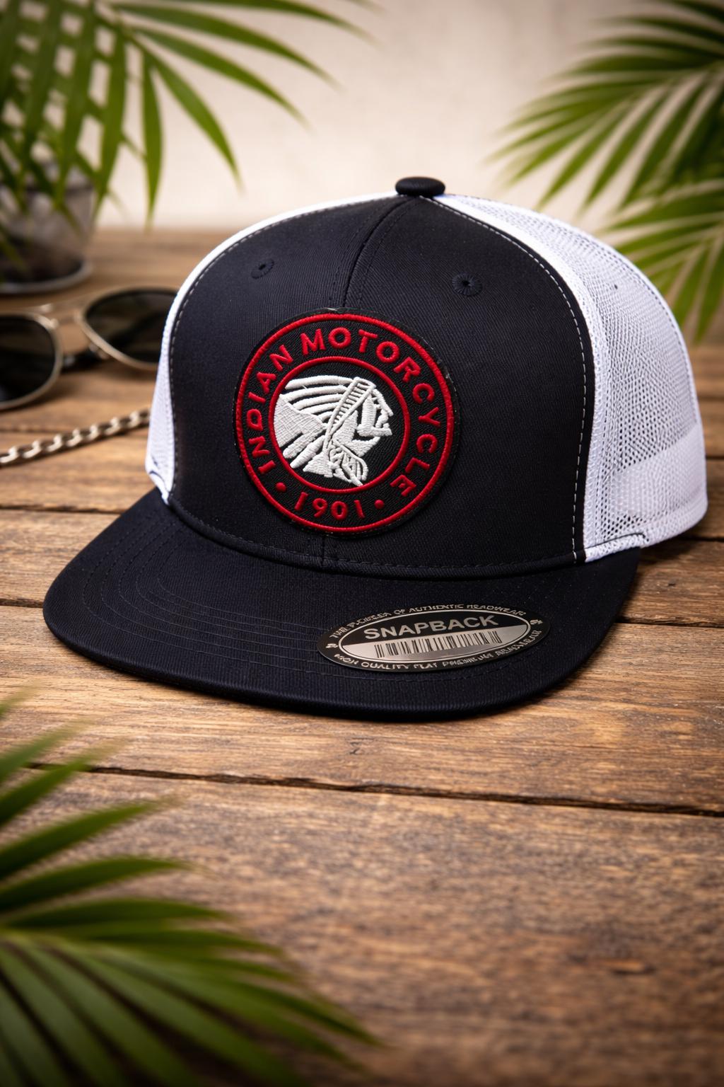 Indian Motorcycle Snapback Hat | Trucker Cap | Black & White Flat Bill | Embroidered Logo Patch | Adjustable Streetwear Hat