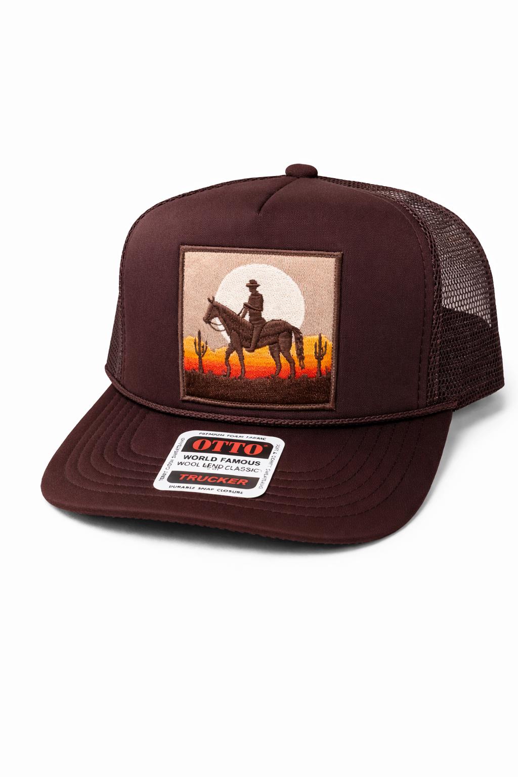 Western Cowboy Trucker Hat | Desert Sunset Patch Cap | Brown Snapback Hat | Western Style Hat | Rodeo Cowboy Cap