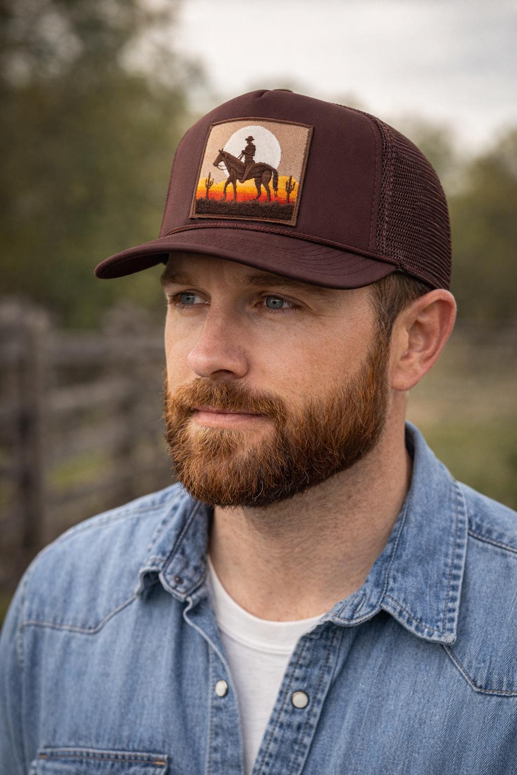 Western Cowboy Trucker Hat | Desert Sunset Patch Cap | Brown Snapback Hat | Western Style Hat | Rodeo Cowboy Cap