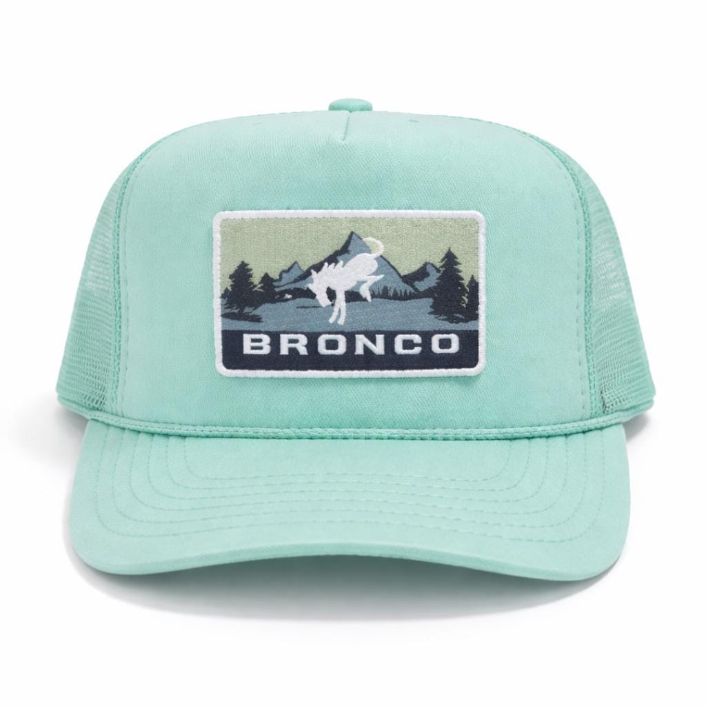 Mint Green Bronco Trucker Hat – Western Mountain Patch Snapback, Foam Mesh Hat, Cowgirl Summer Cap