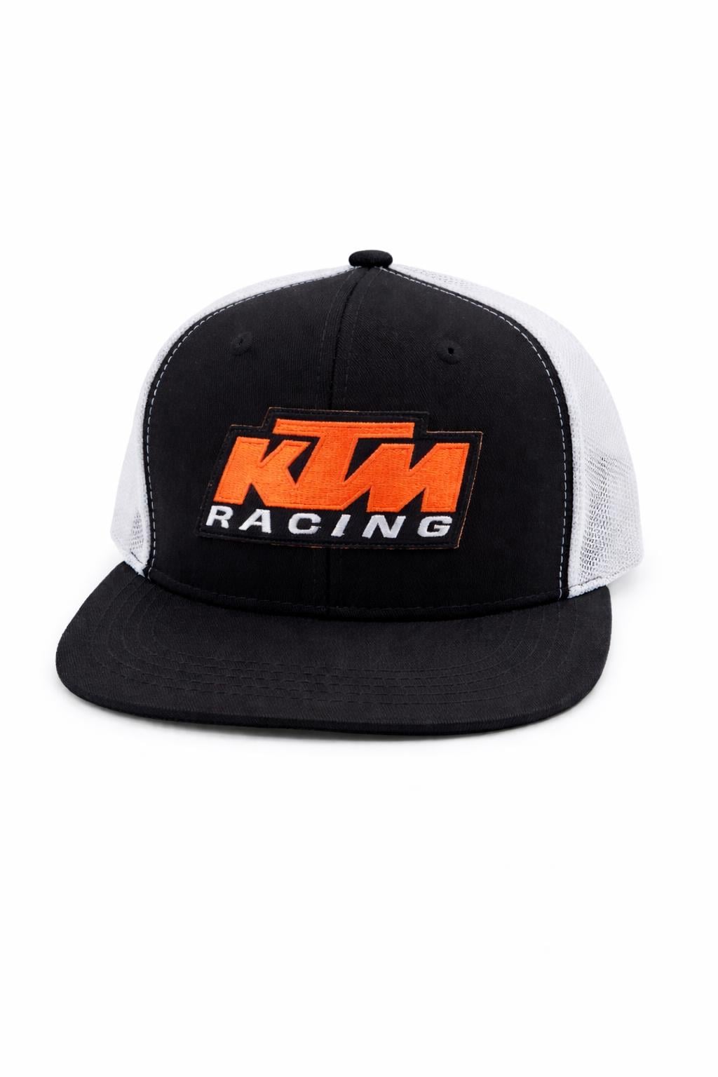 KTM Racing Snapback Hat – Black & White Trucker Cap – Flat Brim Adjustable Mesh Hat – Motorsport Streetwear Cap