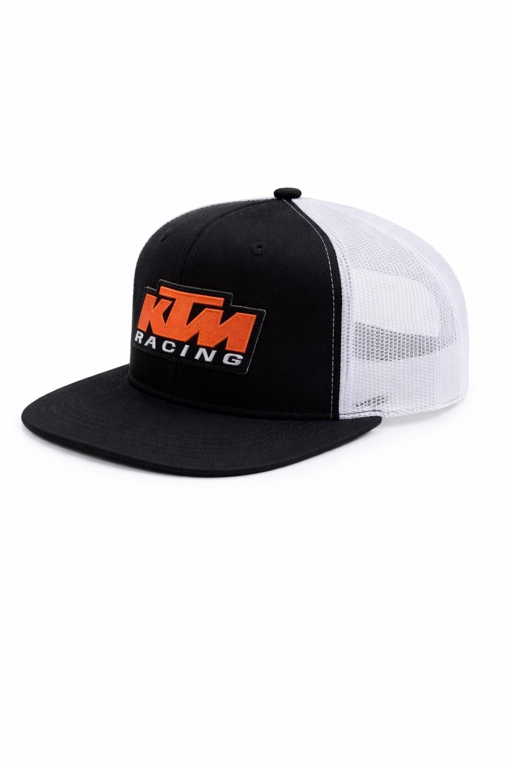 KTM Racing Snapback Hat – Black & White Trucker Cap – Flat Brim Adjustable Mesh Hat – Motorsport Streetwear Cap