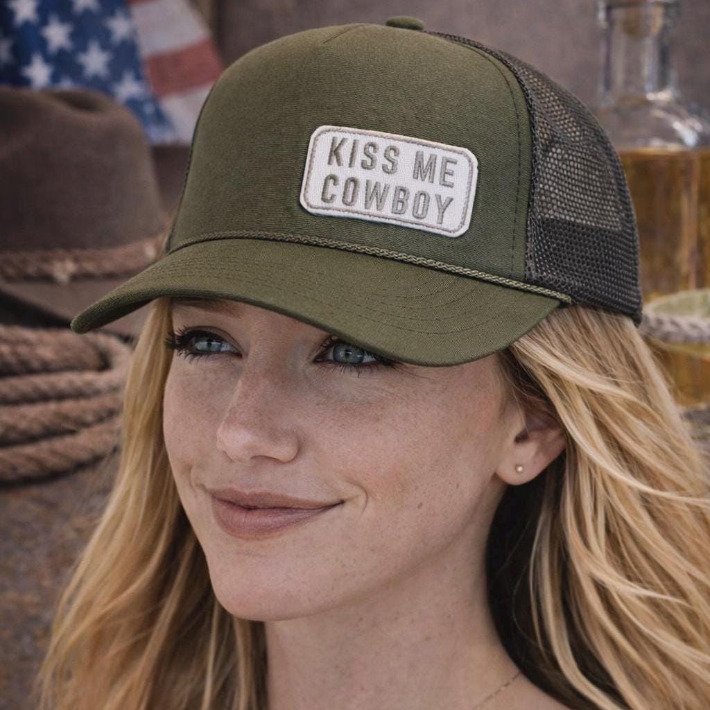 Kiss Me Cowboy Trucker Hat | Olive Green Western Hat | Cute Cowgirl Trucker Cap | Country Concert Hat | Womens Western Gift