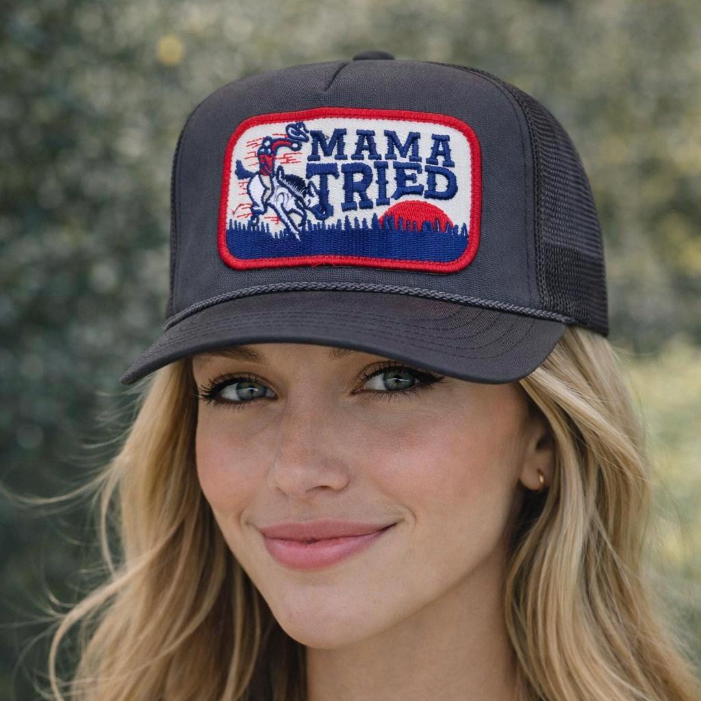 Mama Tried Trucker Hat Western Cowboy Patch Hat Charcoal Gray Trucker Cap Country Concert Hat Unisex Western Gift