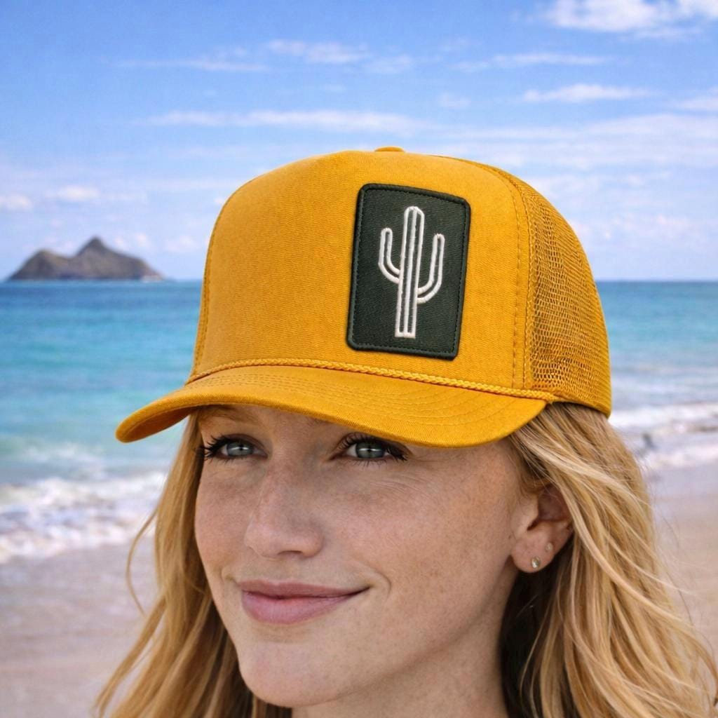 Mustard Yellow Cactus Trucker Hat | Embroidered Desert Western Cap
