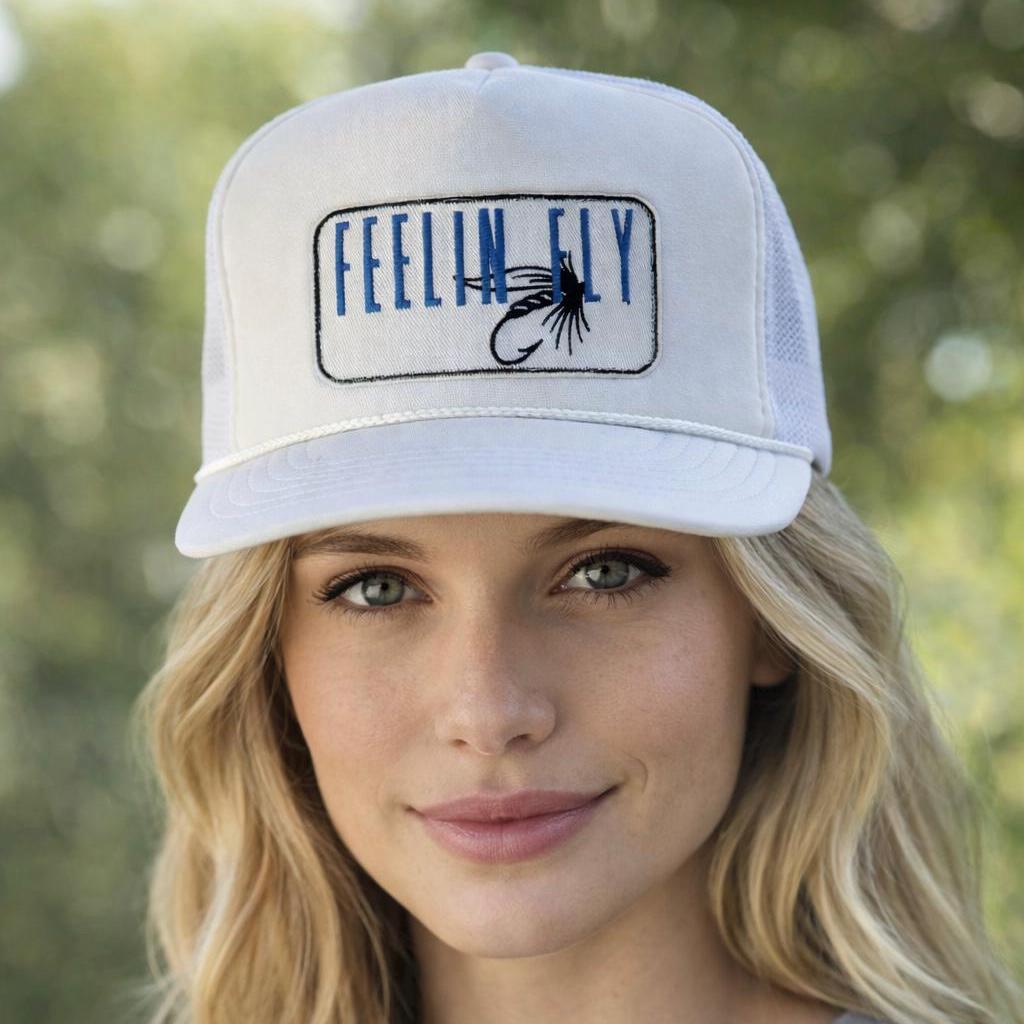 White Trucker Hat | Embroidered Fly Fishing Lure Patch, Outdoor Cap