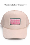 Western Babes Trucker Hat – Cute Cowgirl Hat, Beige Foam Mesh Snapback, Western Style Hat for Women