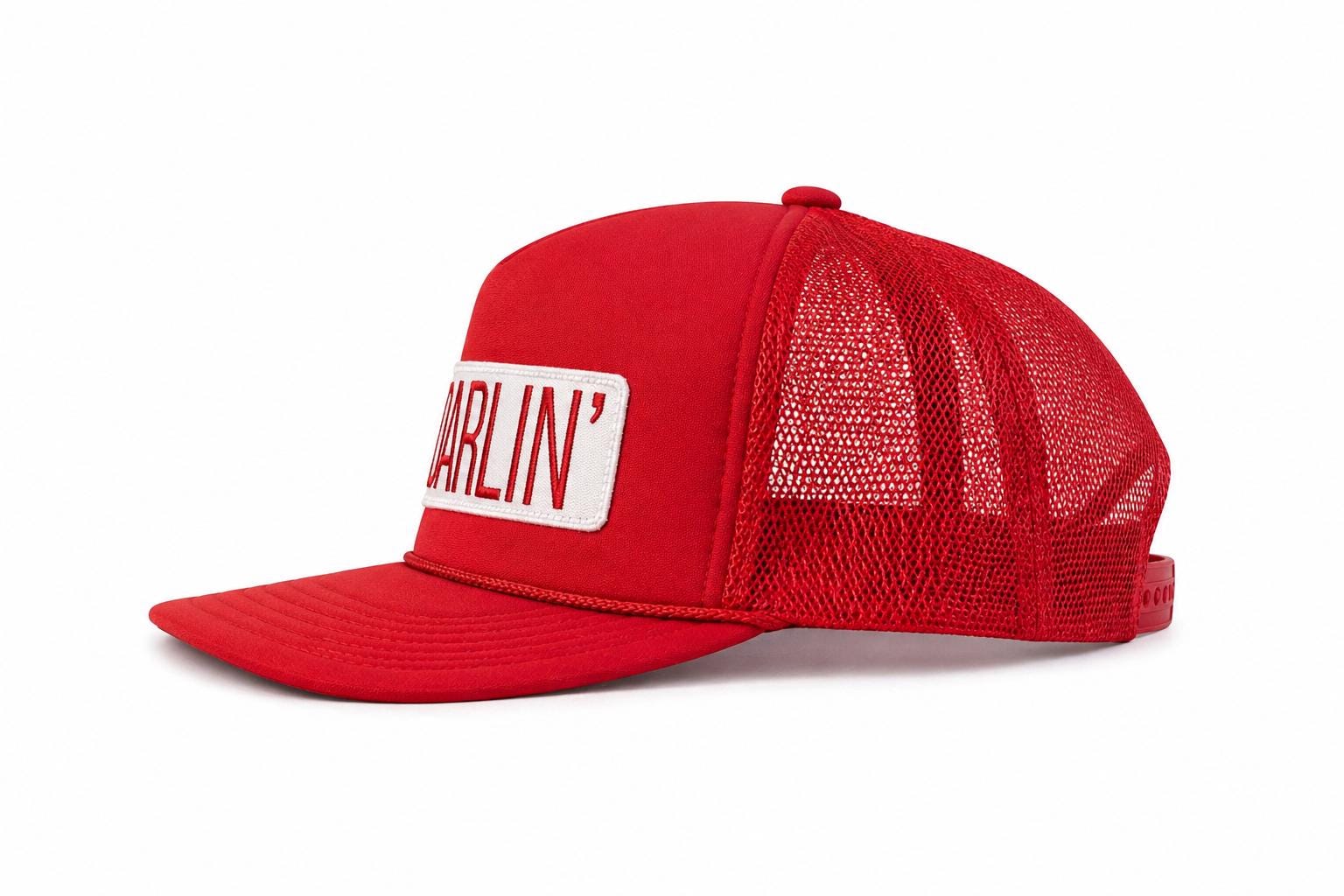 Darlin' Trucker Hat – Red White Retro Baseball Cap – Embroidered Patch Snapback