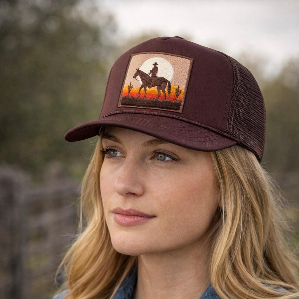 Western Cowboy Trucker Hat | Desert Sunset Patch Cap | Brown Snapback Hat | Western Style Hat | Rodeo Cowboy Cap