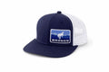 Bronco Snapback Hat Navy White – Mesh Back Trucker Cap, Blue Mountain Patch, Flat Bill Hat, Adjustable Snapback, Gift for Him