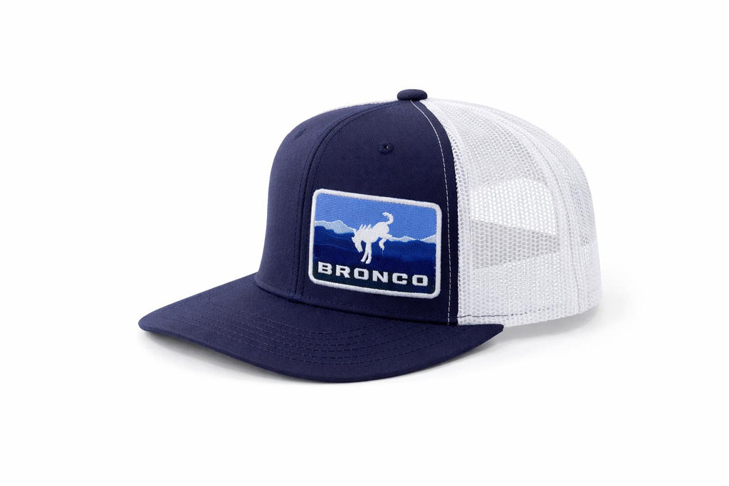 Bronco Snapback Hat Navy White – Mesh Back Trucker Cap, Blue Mountain Patch, Flat Bill Hat, Adjustable Snapback, Gift for Him