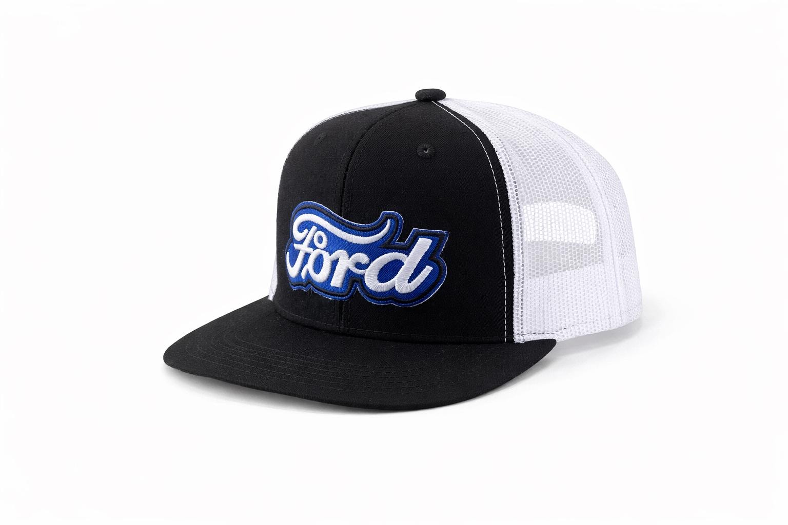 Ford Snapback Hat – Black White Trucker Cap, Mesh Back Hat, Flat Bill Snapback, Truck Hat, Gift for Him
