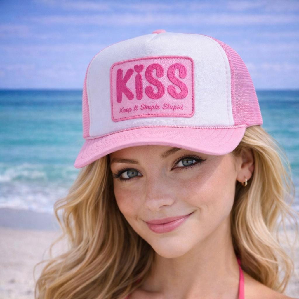 K.I.S.S. Trucker Hat – Pink Foam Mesh Cap | Cute Beach Hat | Keep It Simple Stupid Hat | Summer Trucker Hat