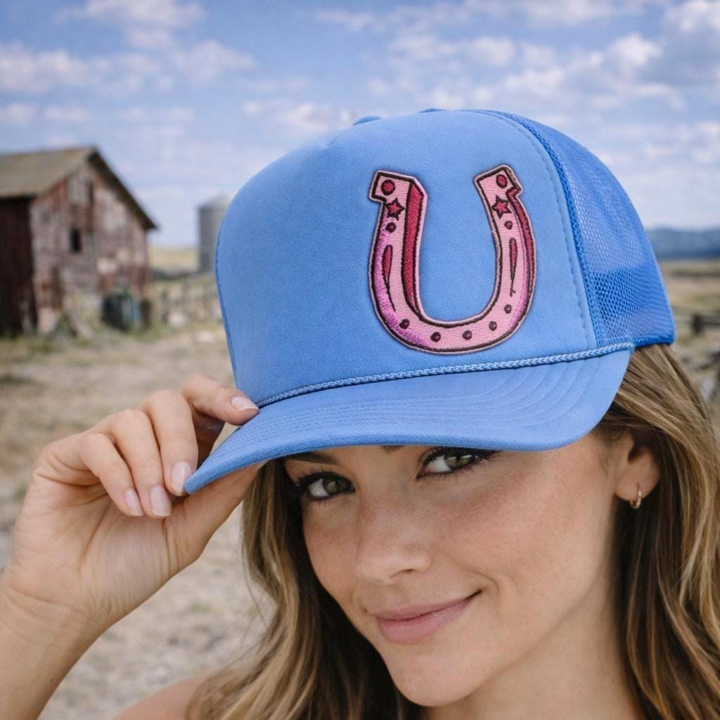 Light Blue Embroidered Horseshoe Trucker Hat – Western Cowgirl Snapback Style