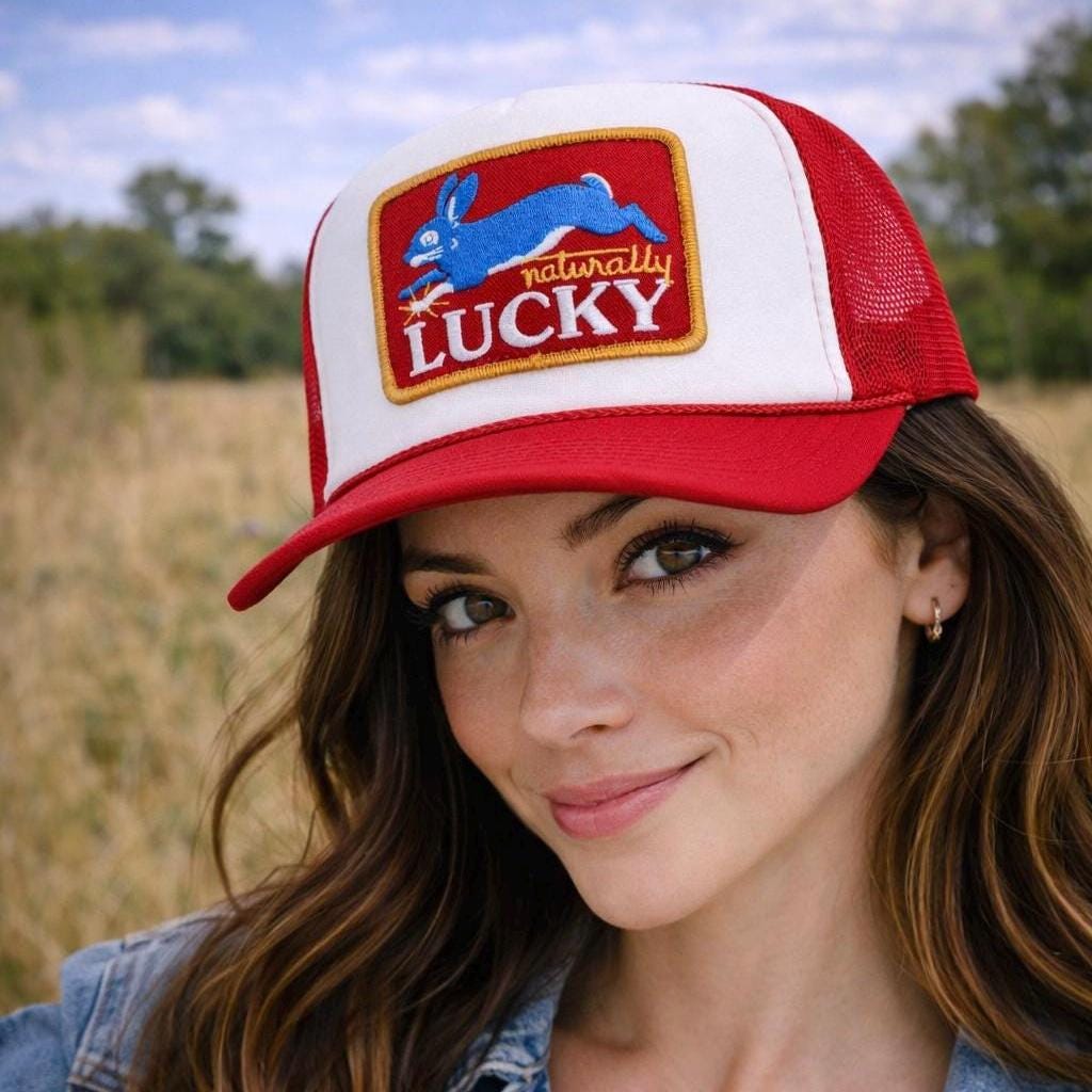 Naturally Lucky Trucker Hat – Red & White Foam Mesh Hat, Lucky Rabbit Patch, Vintage Americana Snapback