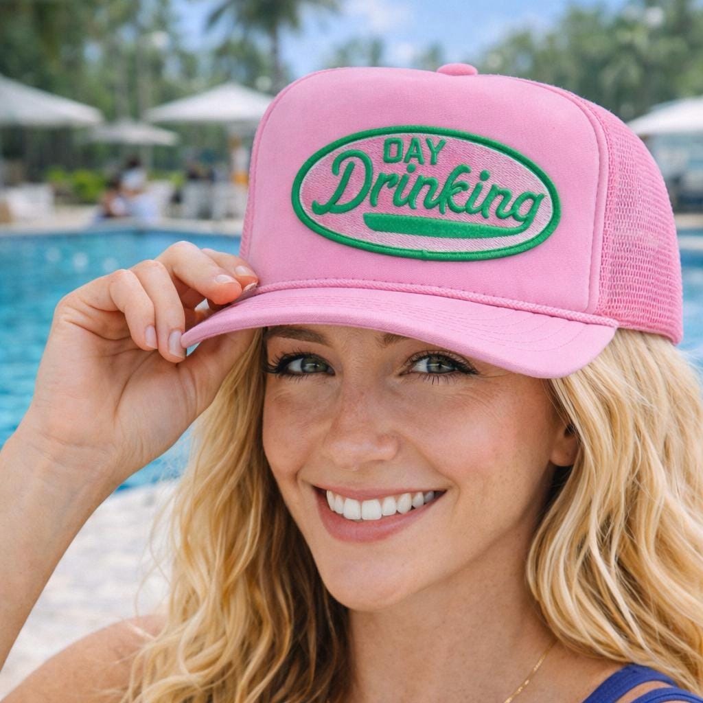 Pink Trucker Hat | Embroidered Day Drinking Patch, Girls Trip Accessory