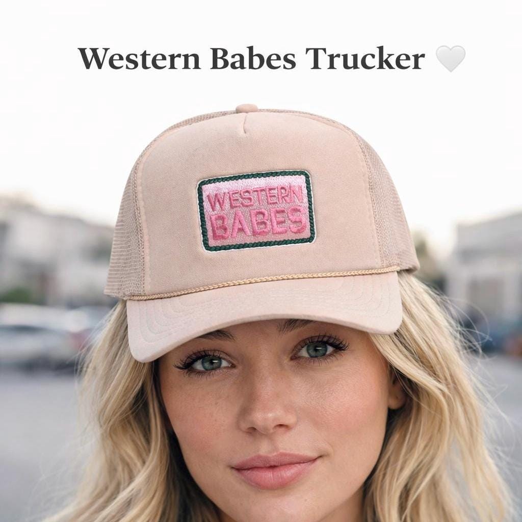 Western Babes Trucker Hat – Cute Cowgirl Hat, Beige Foam Mesh Snapback, Western Style Hat for Women