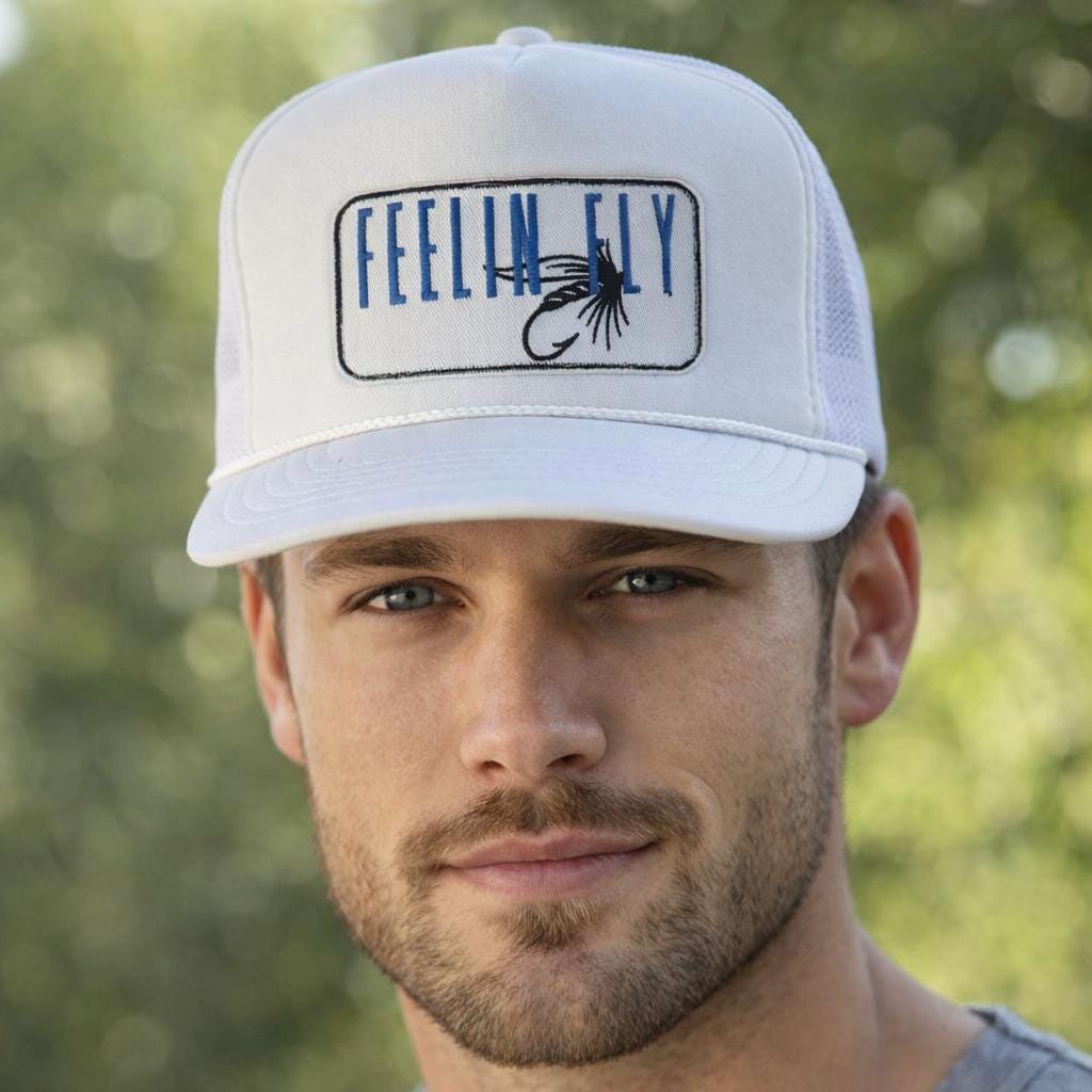 White Trucker Hat | Embroidered Fly Fishing Lure Patch, Outdoor Cap