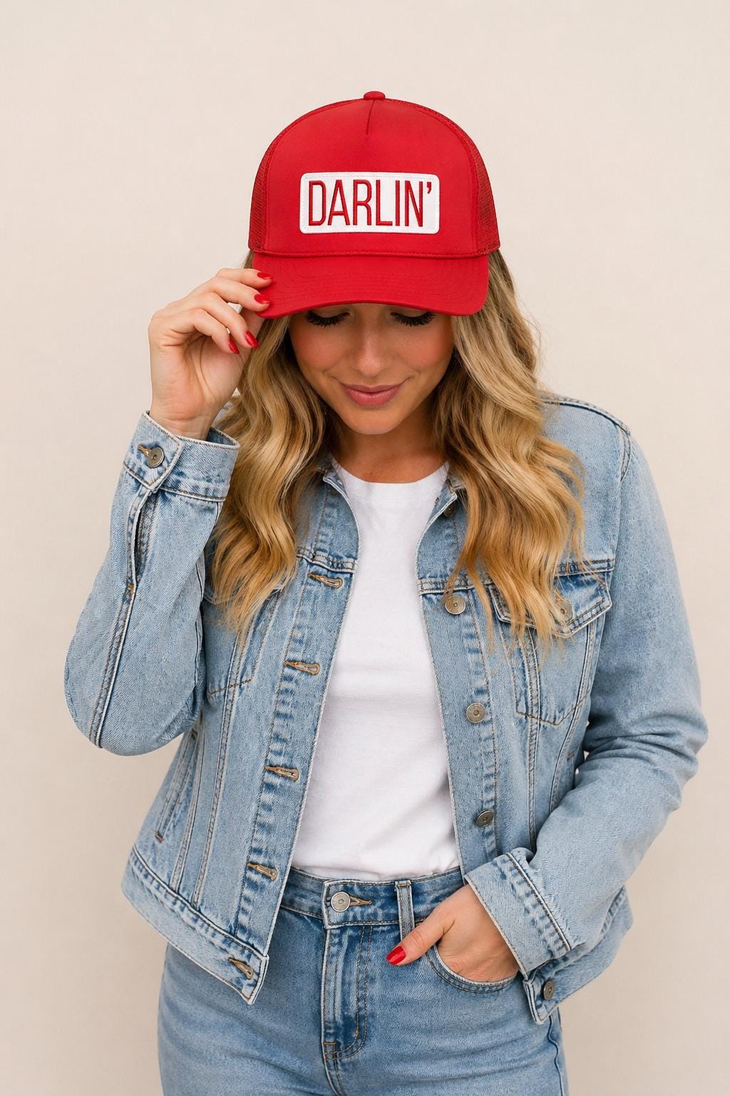 Darlin' Trucker Hat – Red White Retro Baseball Cap – Embroidered Patch Snapback
