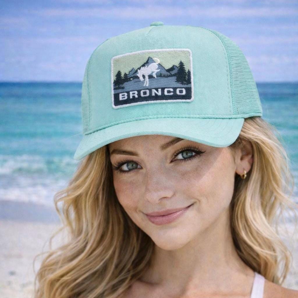 Mint Green Bronco Trucker Hat – Western Mountain Patch Snapback, Foam Mesh Hat, Cowgirl Summer Cap