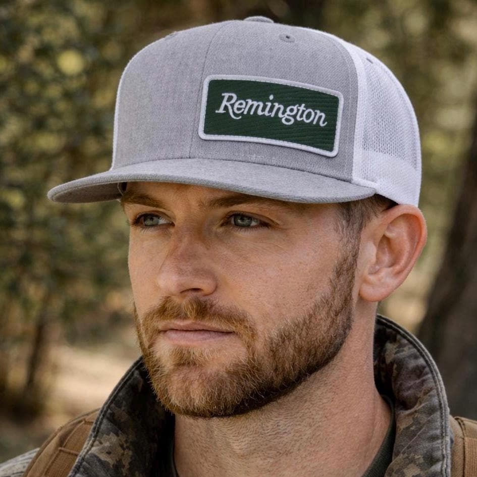 Remington Trucker Hat | Grey Outdoor Snapback Cap | Embroidered Logo Heritage